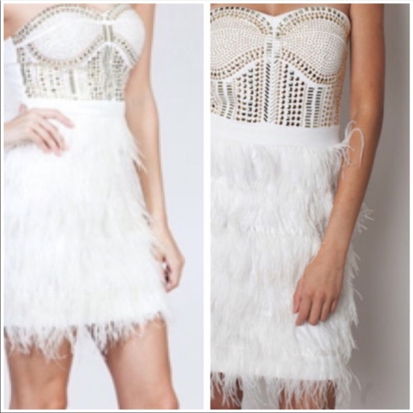 ARK & CO White Ostrich Feathers Studded Dress NWT - Picture 3 of 16